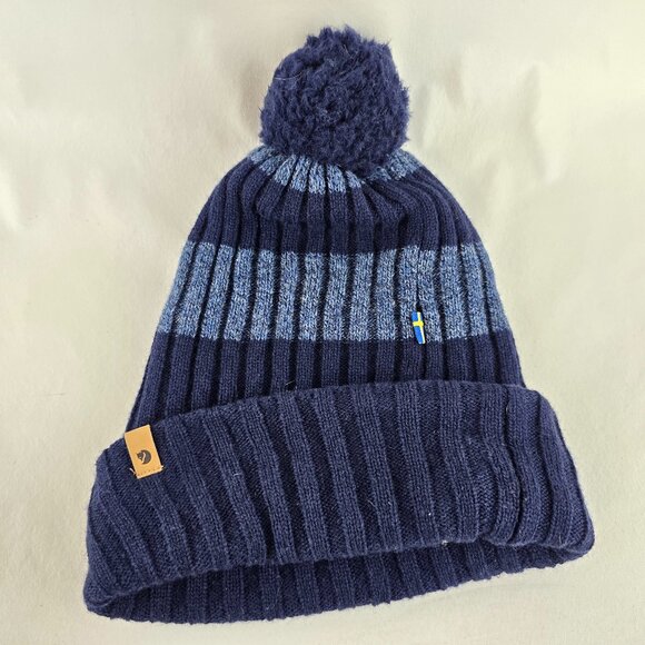 Fjallraven Byron Pom Hat Navy Blue Knit Winter Beanie One Size Striped Toque - Picture 1 of 6